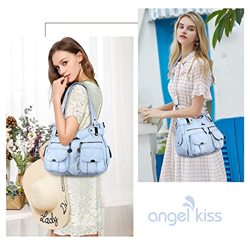 Image of Angel Kiss Women's Designer Handbag Large Double Zipper Multi Pocket Washed Leather Purse