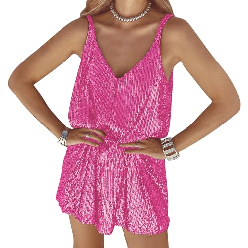 Image of Women's Summer Sleeveless Mini Dress Deep V-Neck Glitter Sequin Dress Sexy Short Dress