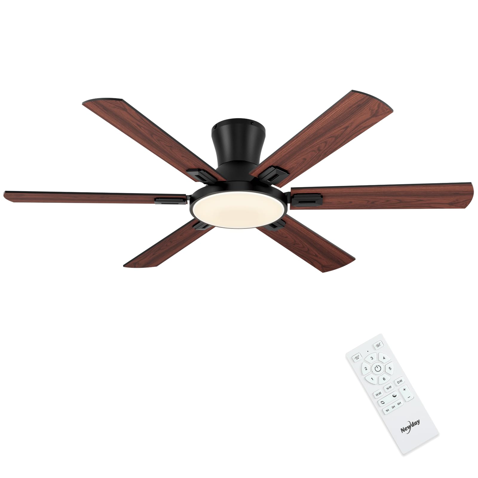 Newday Wooden Ceiling Fan with 6 Blades, 132 cm Large Ceiling Lamp Fan with Light and Control, Stepless Dimmer, Sleep Mode, Memory Function, Reversible DC Motor Quiet, Level Mount