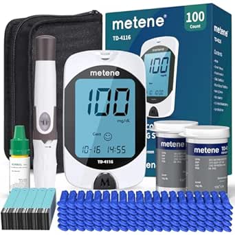 Metene TD-4116 Blood Glucose Monitor Kit, 100 Glucometer Strips, 100 Lancets, 1 Blood Sugar Monitor, Blood Sugar Test Kit with Control Solution, No Coding, Large Display