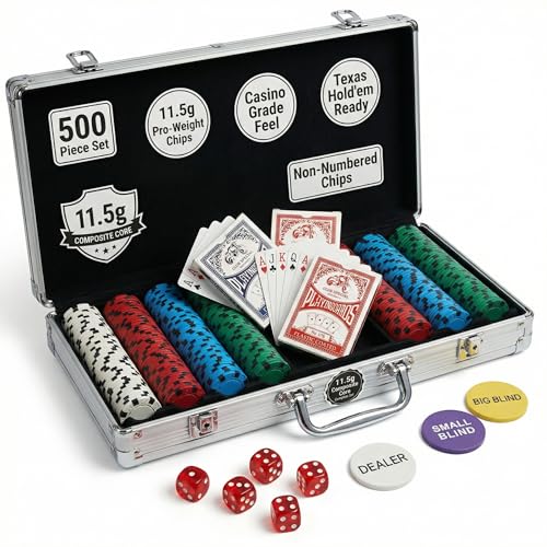LOYCHIP Poker-Set, 500-teilig, mit Aluminium-Tragetasche und 11,5 g Profi-Gewichts-Chips, 2 Decks plus 5 Pokerwürfel, wasserdicht, Poker-Set, Casinospiel