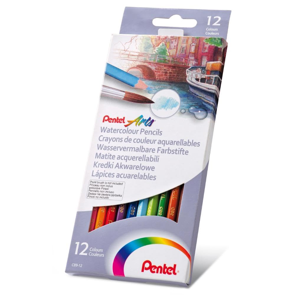 Pentel Arts Watercolour Pencils, Non-Toxic Assorted Colour Set, Artist Quality for Professional works, Art Therapy or Adult Colouring, CB9-12, Set of 12