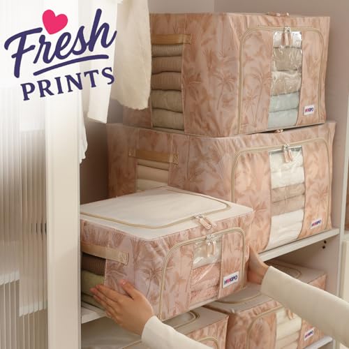 Image of HOKIPO 24L(S) Clothes Storage Box, 600D Oxford Fabric Organiser for Wardrobe, Beige Botanica Pack of 1 (AR-6484-BGE)