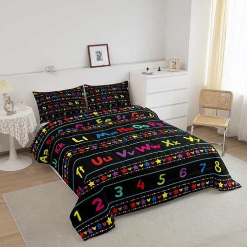 Image of Feelyou ABC Alphabet Comforter Set King, Alphabet Numbers Bedding Set for Kids Educational Learning Comforter Learning Time Duvet Set with 2 Pillow Case