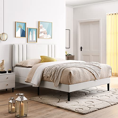 Bikahom Mid-Century Tufted Faux Leather Upholstered Platform Bed Frame W/Adjusting Height Headboard, Wooden Slats & No Box Spring Needed, Queen, White #TOP1