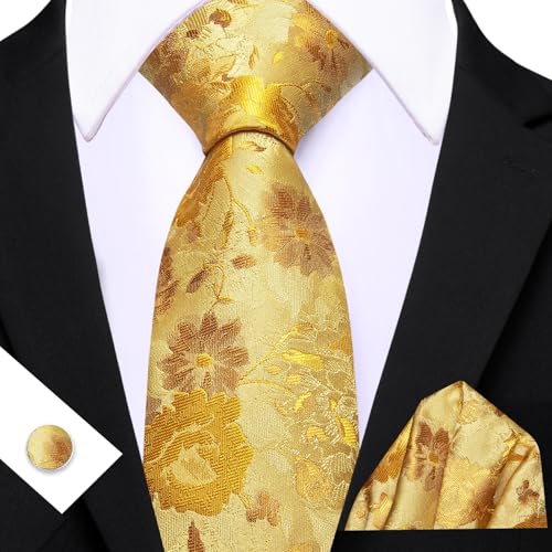 Image of Barry.Wang Flower Ties for Men Handkerchief Cufflinks Set Wedding Necktie Set Party