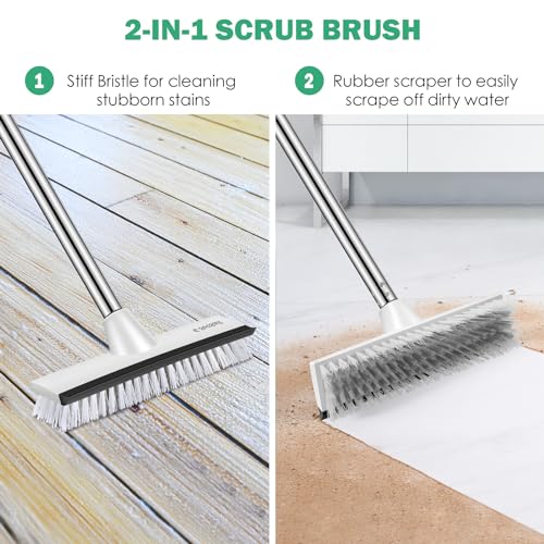 Image of SetSail Floor Scrub Brush with 51-Inch Long Adjustable Handle 2 in 1 Scrape Brush Stiff Bristle Floor Scrubber for Cleaning Shower Bathroom Garage Kitchen Wall Deck Tub Tile,Black White
