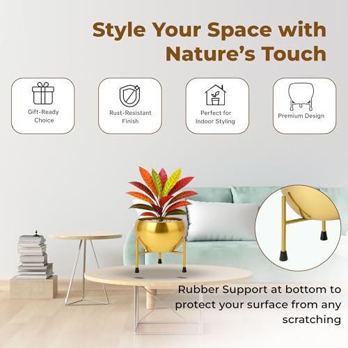 Image of NATURAL EARTH Gold Metal Flower Pot & Stand with Free 1 KG Organic Vermicompost Fertilizer | Decorative Indoor Outdoor Plant Pot | Golden Finish Planter for Home Garden Decor