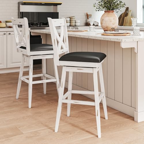 Image of Swivel Bar Stools Set of 2, Farmhouse 30 inch Counter Height Barstools with X Carved Backs, Wooden Bar Chair with Solid Wood Legs & Footrest for Kitchen Island, Home Bar, Pub. Antique White