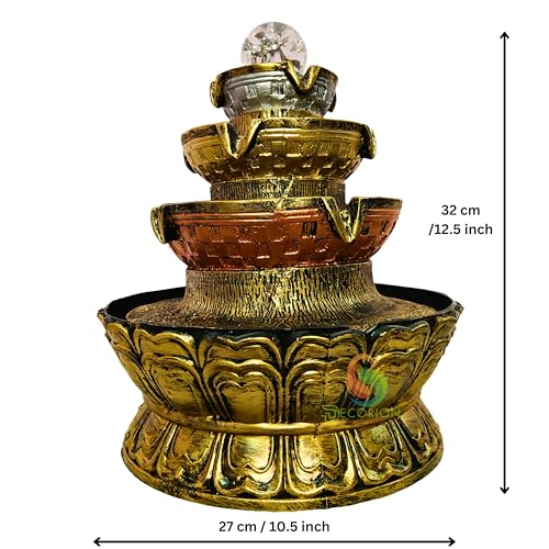Image of Golden Table Top Water Fountain for Home Decor /Office /Indoor & Outdoor /Garden /Puja Room /Vaastu with Multicolor LED Light and Adjustable Water Pump (Round Golden Fountain D-068)