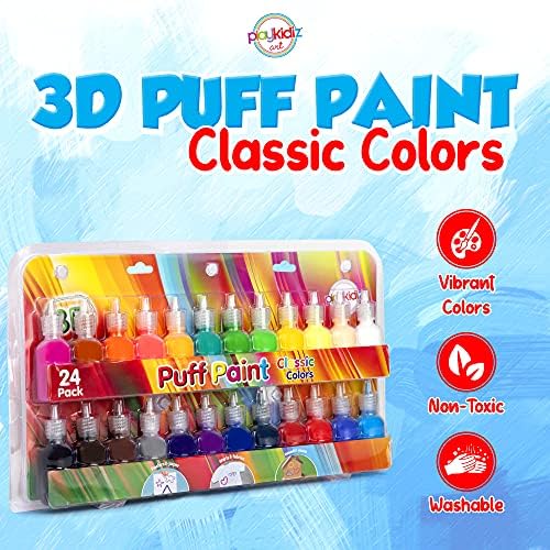 Playkidiz 3-D Art Puff Paint For Kids, 24 Pack Color Pack Squeeze Paint, Non Toxic Puff Paint Set, Washable Fabric Paint, Classic Colors, Ages 3+.