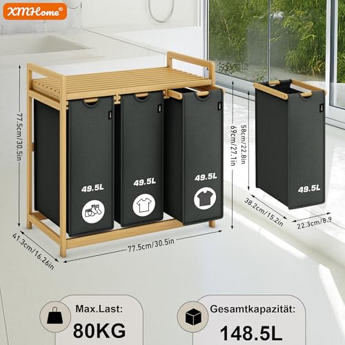 XMHome wäschekorb 3 fächer 148L großer quadratischer Wäschesammler aus Bambus Wäschebox optisch ansprechender Wäschesortierer in 77.5X41.3X77.5 CM Dunkelgrau