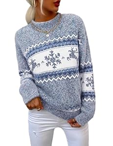 Demegimi Damen Weihnachtspullover Stehkragen Norweger Pullover Warm Christmas Sweater mit Schneeflocken Wellen Rentiermuster Winter Strickpullover für Frauen