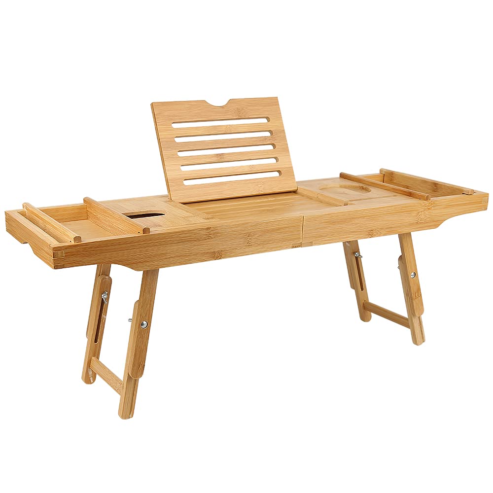 HUOLE Bandeja para bañera, diseño con candelabro, para Copas de Vino, Libros, tabletas, iPad y teléfono, con Puente Extensible y Ajustable, 100% bambú,