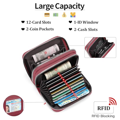 Credit Card Holder Wallet RFID Blocking Leather Small Wallet for Women Double Zipper Wallet with ID Window3