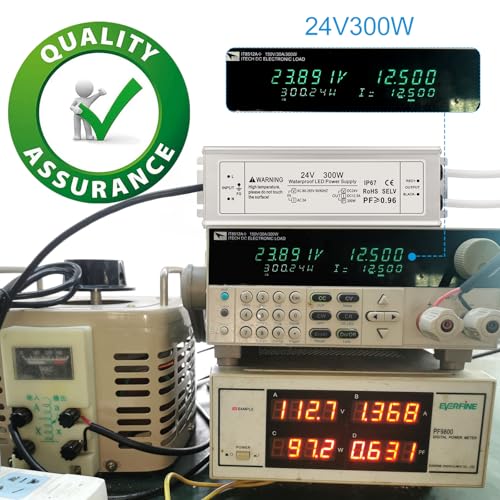 Image of 24V 300W LED Power Supply, IP67 Waterproof LED Driver, AC 110V to DC 24 Volt 12.5A Low Voltage Transformer Converter for Outdoor LED Strip & Landscape Lighting, 3-Prong Plug with 3.3FT Cable