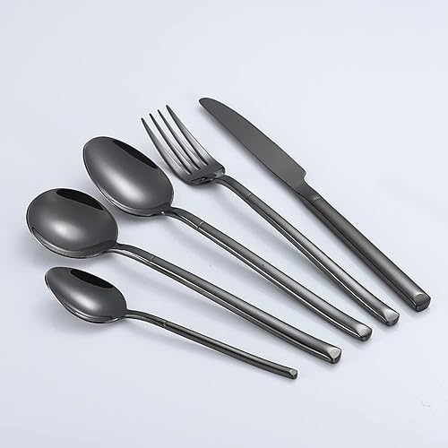 Juego de cubiertos negros de 60 piezas para 12, juego de cubiertos de acero inoxidable de alta calidad, juego de cubiertos pulidos con espejo, juego