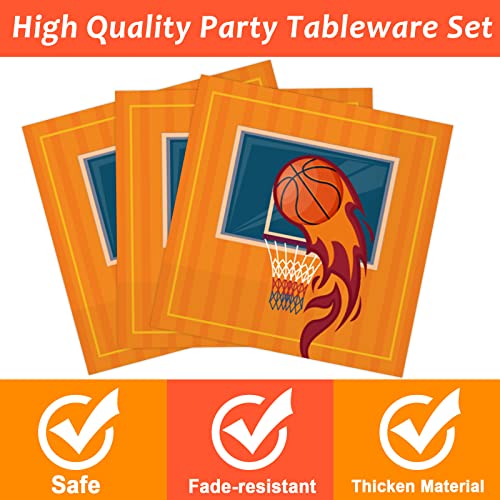 Tevxj 96PCS Basketball Tableware Set Sports Dinnerware Disposable Plates Basketball Birthday Theme Party Plates Napkins Forks for Teenagers Kids Boys Baby Shower Party Decorations Supplies 24 guests