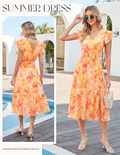 Image of GRACE KARIN 2026 Womens Summer Dresses V Neck Ruffle Sleeve Floral Boho Beach Dress A-Line Swing Midi Wedding Guest Sundress