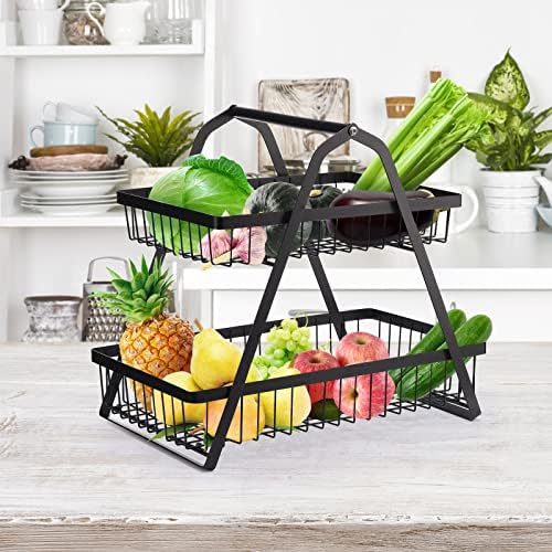 SEEZSSA Fruit Basket, 2 Tier Fruit Bowl Countertop Metal Vegetable Storage Rack, Keeps Fruit and Vegetable Fresh, Mini Detachable Veg Fruit Holder Stand for Kitchen Eggs Breads, White, 40x26x38 cm