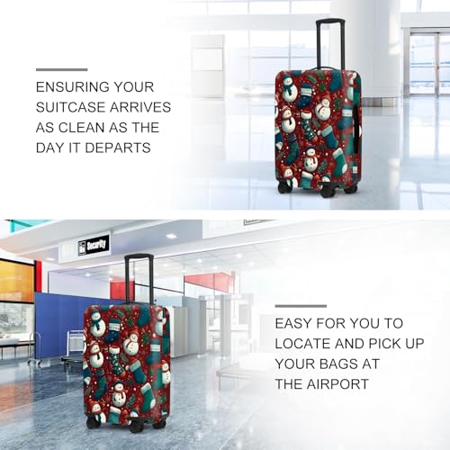 Image of Christmas Luggage Cover - Allover Green Socks and White Snowmen Pattern on Dark Background, Stretchable Suitcase Protector for 18 20 22 Inch Travel Bags