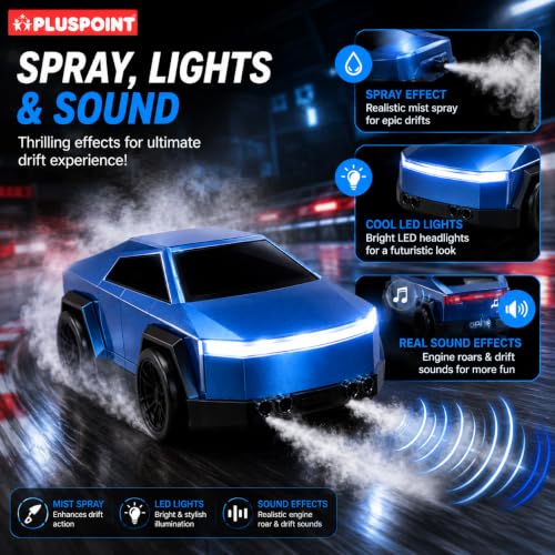 Image of PLUSPOINT 2.4GHz RC Drift Car with Spray Effect | Rechargeable Remote Control Racing Car with LED Lights, Smart Follow & Escape Modes | Mini Drift Vehicle Toy for Kids Age 3+