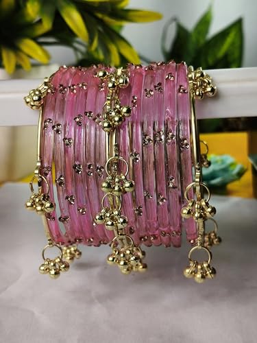 Image of NMII Viral Multi Colour Glass Bangles with Golden Ghungroo Charms & Stone Work For Women & Girls | Fancy Designer Glass Bangle | Traditional Chudi | Kanch Ki Churi | Stylish Ghungroo Bangle For Women
