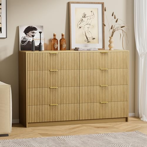 Image of Furniway Mid Century Modern Dresser for Bedroom, 8 Drawer Wood Dresser with Fluted Front, 55 inch Wide Chest of Drawers for Closet, Living Room, Hallway, Natural Oak