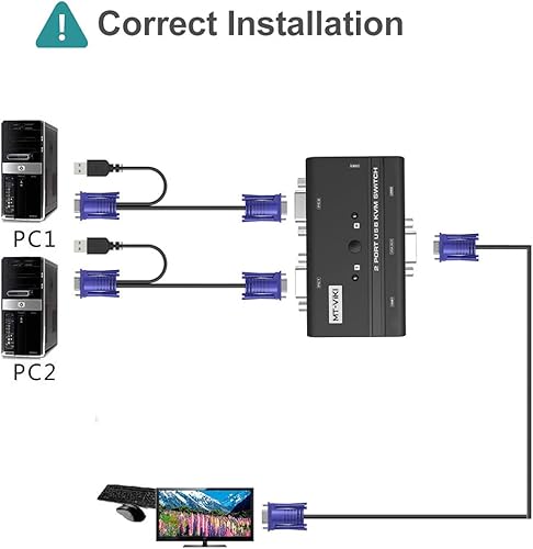 Miniatura 5 de MT-VIKI Conmutador KVM VGA, conmutador KVM USB VGA de 2 puertos para 2 ordenadores Comparte 1 Monitor Teclado Mouse Impresora, + 2 Cables KVM