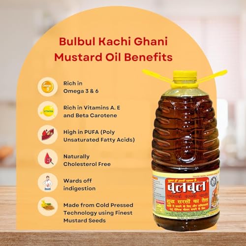 Image of BULBUL Kacchi Ghani Cold Pressed Mustard Oil 5 Litre | Wood Pressed Kolhu Chekku Sarso Tel | Pure & Unrefined Black Mustard Oil | High Aroma & Pungency | No Chemicals | For Cooking, Pickles & Massage