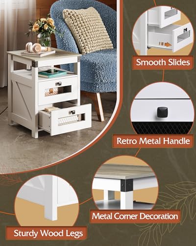 Image of WLIVE Nightstand with Charging Station, Farmhouse End Table, Bed Side Table with 2 Storage Drawers and Open Shelf, Wood Rustic Nightstands for Bedroom, White and Greige