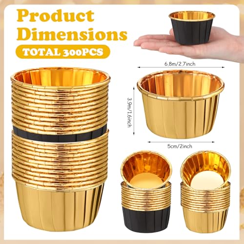 Image of 300 Pack Black Gold Cupcake Liners Bulk Disposable Foil Muffin Cup