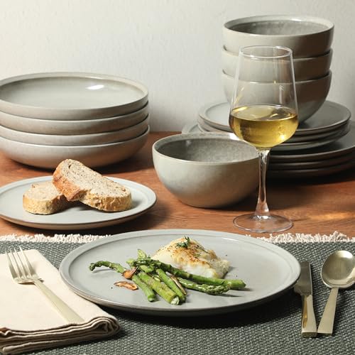 Image of Gibson Elite Beckett Stoneware Matte Reactive Glaze 16 Piece (Service for 4) Plates and Bowls Dinnerware Set - Ash White
