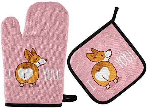 Mothers Day Oven Mitts and Pot Holders Sets for Corgi Lovers Pink Dog Hot Pads Heat Resistant Cooking Gloves Handling Kitchen Cookware Bakeware BBQ