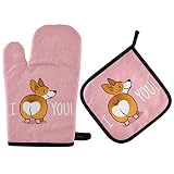 Mothers Day Oven Mitts and Pot Holders Sets for Corgi Lovers Pink Dog Hot Pads Heat Resistant Cookin