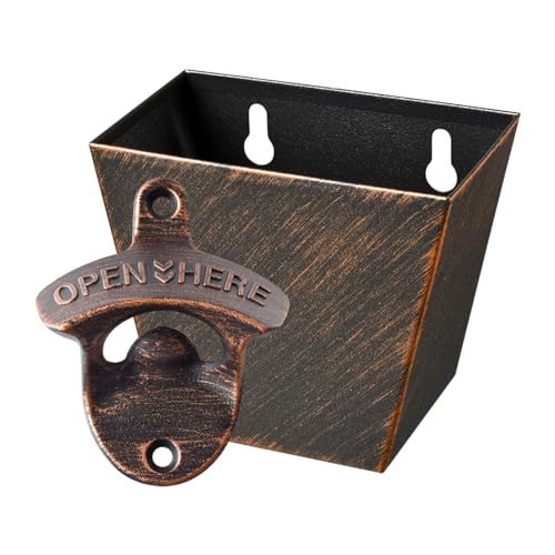 HAIICEN Rustic Beer Bottle Opener with Cap Catcher Wall Mounted Soda Top Opener and Cap Holder Antique Copper