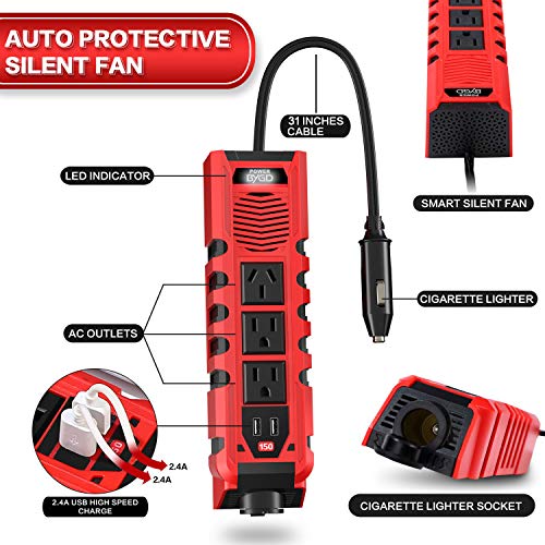 BYGD 150W Car Power Inverter DC 12V to 110V AC Converter with 3 Charger Outlets and Dual 2.4A USB Ports Cigarette Lighter Socket Adapter