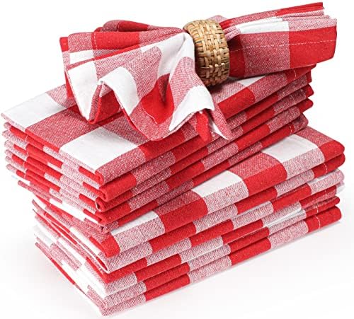 Farmhouse Cloth Napkin Set of 12 100% Cotton Dinner Napkin Gingham Plaid Check Fabric Mitered Corners & Generous Hem Size 18"x 18" Color Red/White