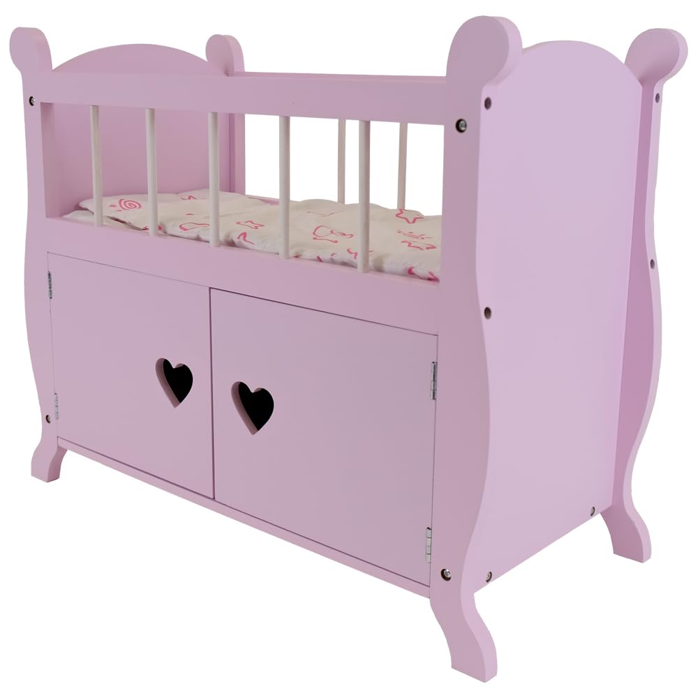 Bandits & Angels Puppenbett Sweetheart aus Holz mit Schrank rosa – Puppenbett aus Holz – geeignet für Puppen bis 46 cm – inklusive Decke – Puppenbett – Puppenmöbel