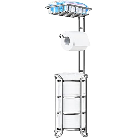 TreeLen Toilet Paper Holder Stand Toilet Tissue Roll Holder with Shelf for Bathroom Storage Holds Phone/ Wipe/ Mega Rolls-Shiny Chrome