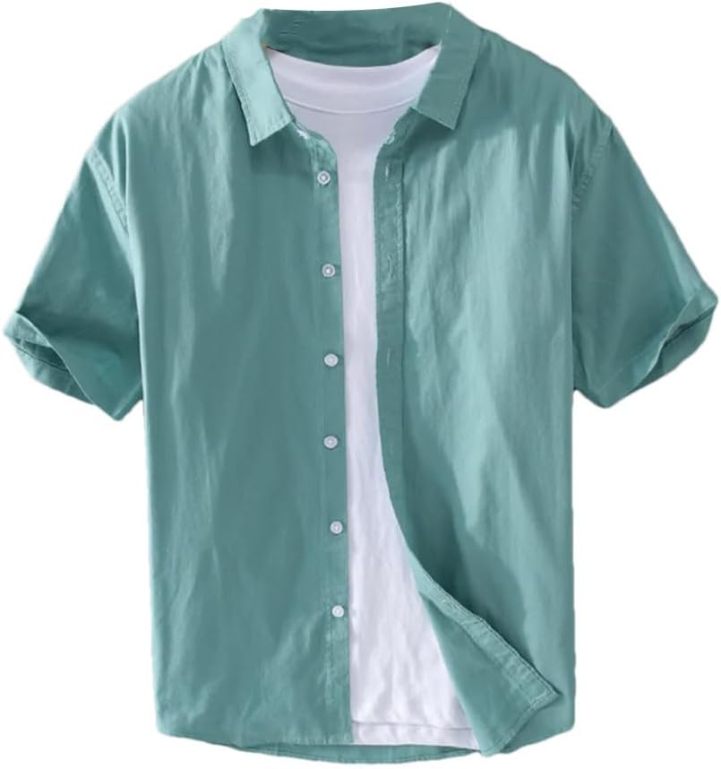 Men's Comfortable Solid Short Sleeved Casual Lapel Slim Shirt Button Beach Loose Shirts