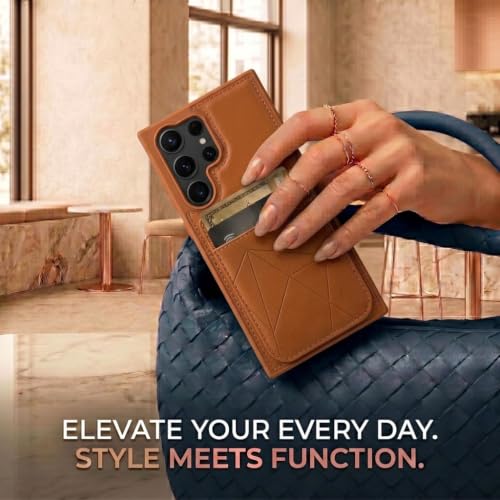 Image of amazon basics Premium Vegan Leather Back Cover with Card Holder and Integrated Mobile Stand for Samsung Galaxy S23 Ultra 5G - Slim Shockproof Wallet Case with Geometric Stitching [Tan]