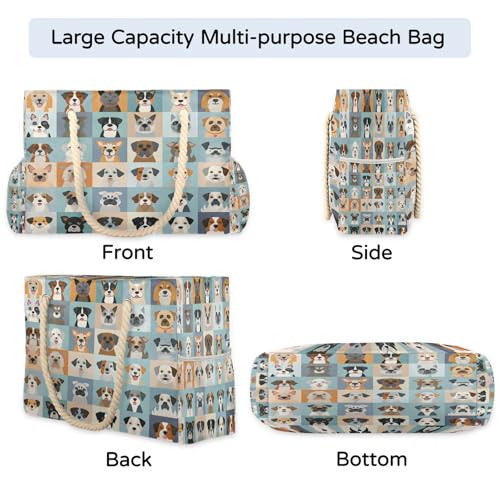 Cute Animal Dogs Puppy Large Beach Bags for Women with Zipper Beach Tote Bag Waterproof Sandproof Gym Swim Pool Grocery Travel Bag4