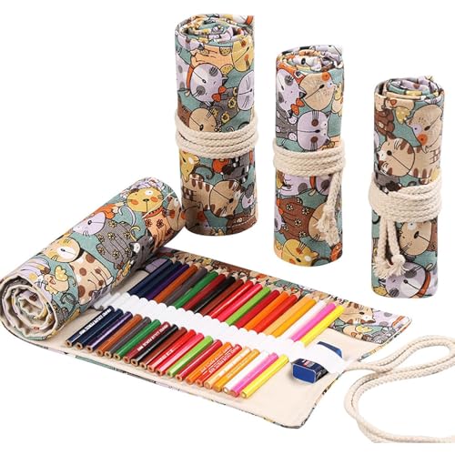 DIYOMR 12/24/36/72 Slots Pencil Wrap Pencil Rolls, Artist Colored Pencil Roll Up Bag Short Brush Pouch Case Pencils Organizer for Drawing Coloring and Sketching, No Pencils (Cuddly Cat, 12slots)