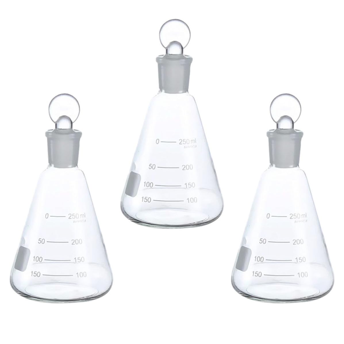 KICHOUSE Set da 3 Beute Coniche in Vetro da 250ml con Tappo, Scala Chiara e Design Adatto per Laboratori Scolastici e Lezioni di Chimica