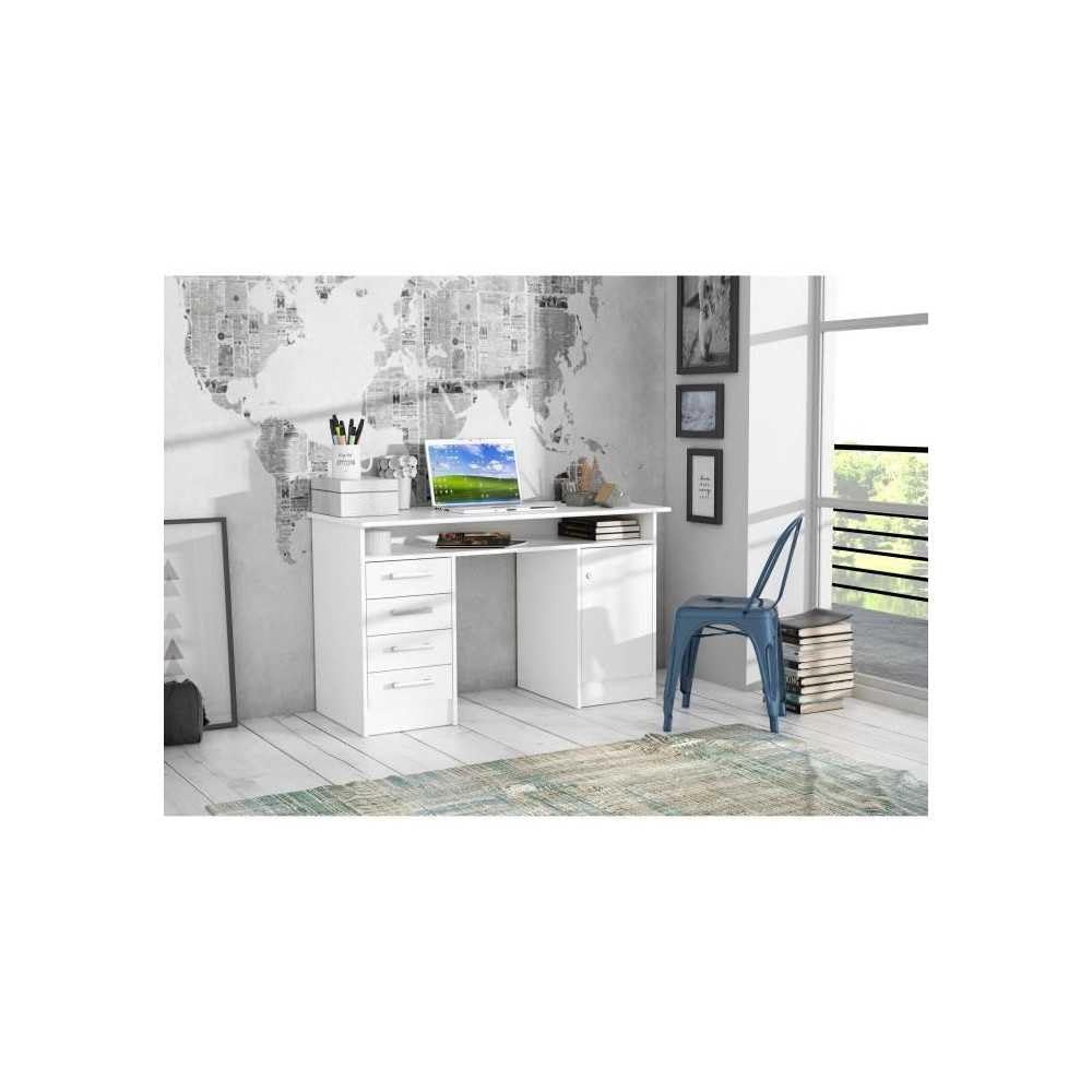 Forte NET106 Weißer Schreibtisch 120 130, Funktionaler Schreibtisch mit 4 Schubladen und 1 Tür, Home Office, Büro, Computertisch, Holzwerkstoff, Weiß, 126 cm breit x 75,8 cm hoch x 55 cm tief