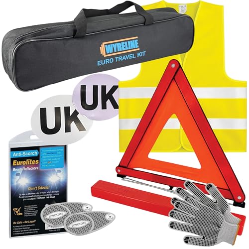 WYRELINE 6 Pcs European Driving Kit | Eurolites Headlight Deflectors For Europe | Warning Triangle Hi-Vis Vest UK Plate Magnet + Sticker Rubber Grip Gloves | EU and France Driving Kit 2026