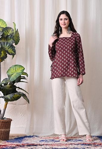 Image of MEERA FAB Women's Floral Printed Cotton Short Kurta Square Neck | Floral Printed Kurta with Full Sleeves | Short Kurti for Women
