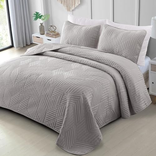 Exclusivo Mezcla Ultrasonic Twin Quilt Bedding Set, Lightweight Light Grey Bedspreads Soft Modern Geometric Coverlet Set for All Seasons (1 Quilt and 1 Pillow Sham)