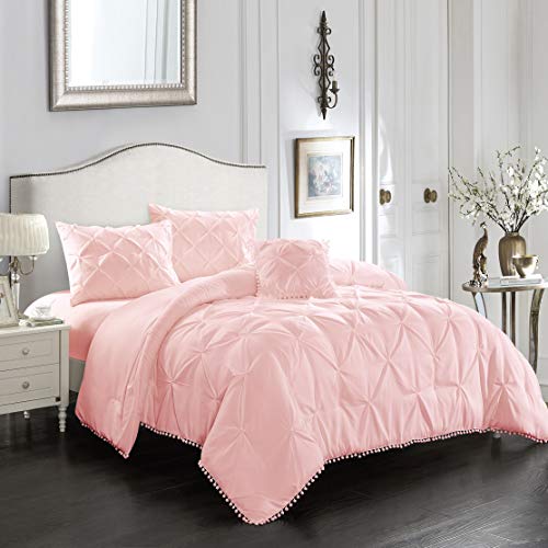 Evolive 4Pc Set Pinch Pleat/Kiss Pleat, Pintuck Down Alternative Comforter Set With Pompom (King, Pink) #TOP6